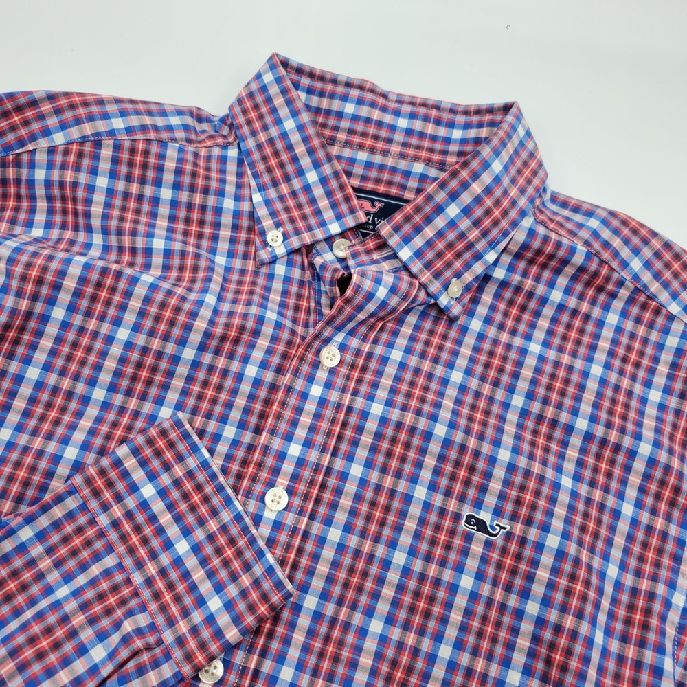Vineyard Vines Mens M Whale Shirt Red White Blue Plaid Button Down Cotton LS